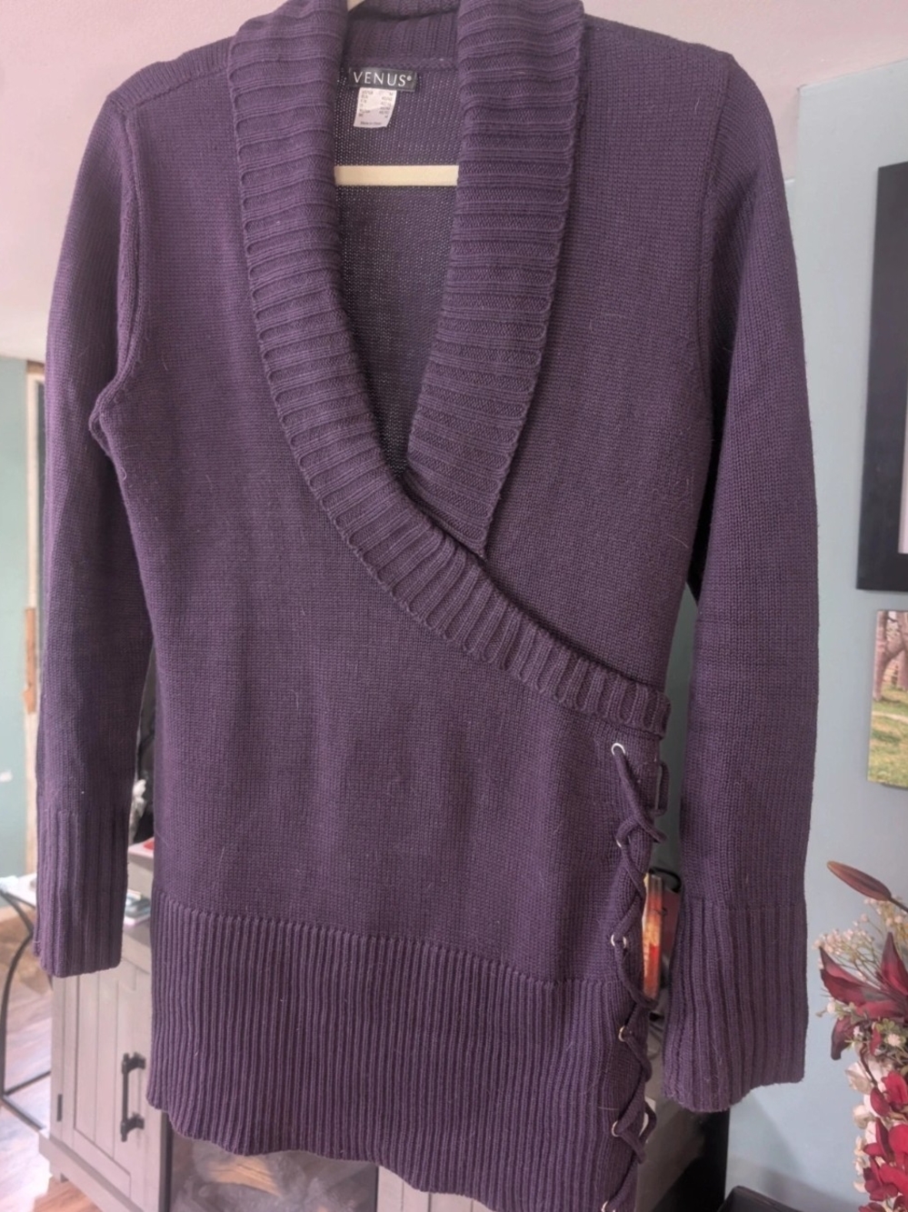 VENUS Deep Purple Wrap-Style Shawl-Collar Sweater